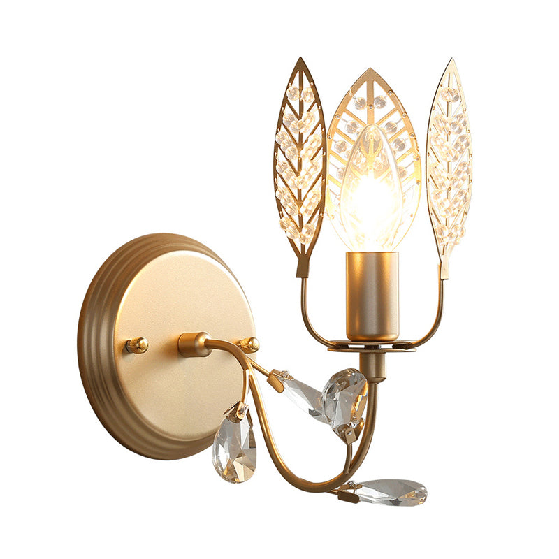 Leaf Metal Wall Light Tradition 1 Head Gold Flush Mount Wall Sconce with Crystal Bead for Bedside Clearhalo 'Wall Lamps & Sconces' 'Wall Lights' Lighting' 239138