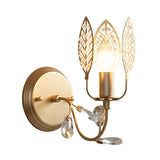 Leaf Metal Wall Light Tradition 1 Head Gold Flush Mount Wall Sconce with Crystal Bead for Bedside Clearhalo 'Wall Lamps & Sconces' 'Wall Lights' Lighting' 239138