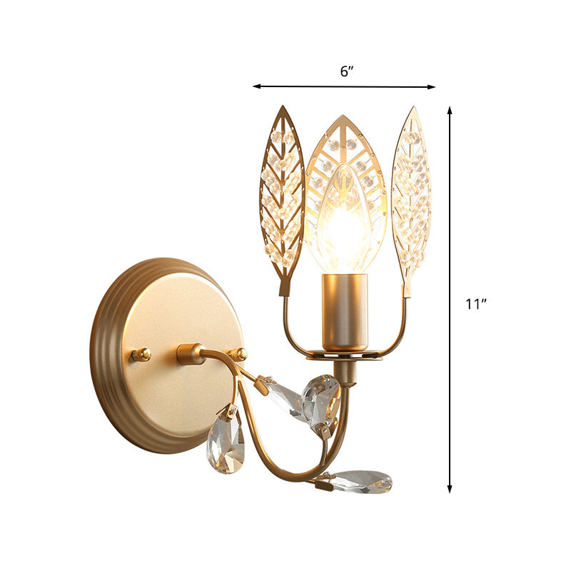 Leaf Metal Wall Light Tradition 1 Head Gold Flush Mount Wall Sconce with Crystal Bead for Bedside Clearhalo 'Wall Lamps & Sconces' 'Wall Lights' Lighting' 239139