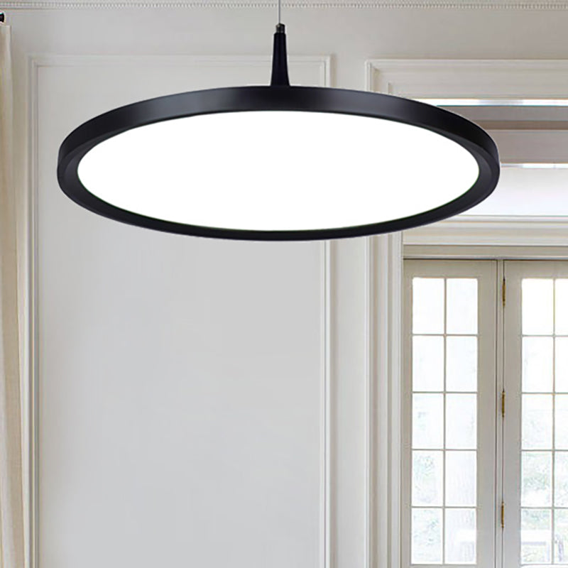 Led Office Pendant Lamp with Plate Metal Shade Simplicity White/Black Ceiling Light Fixture in White/Warm Light, 12"/16"/19.5" Wide Clearhalo 'Ceiling Lights' 'Modern Pendants' 'Modern' 'Pendant Lights' 'Pendants' Lighting' 239194