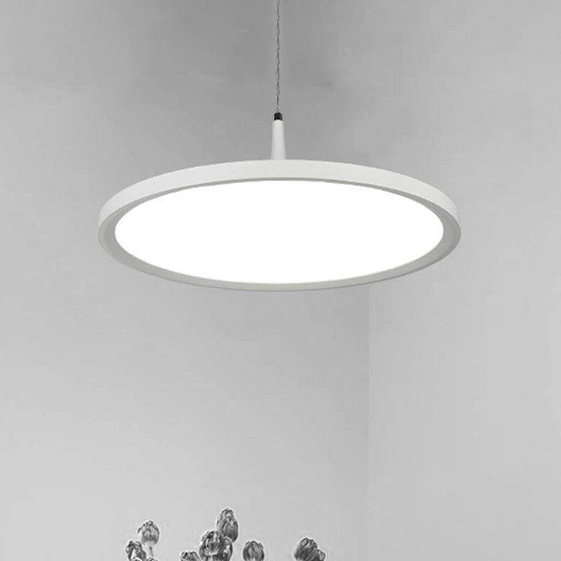 Led Office Pendant Lamp with Plate Metal Shade Simplicity White/Black Ceiling Light Fixture in White/Warm Light, 12"/16"/19.5" Wide White Clearhalo 'Ceiling Lights' 'Modern Pendants' 'Modern' 'Pendant Lights' 'Pendants' Lighting' 239199