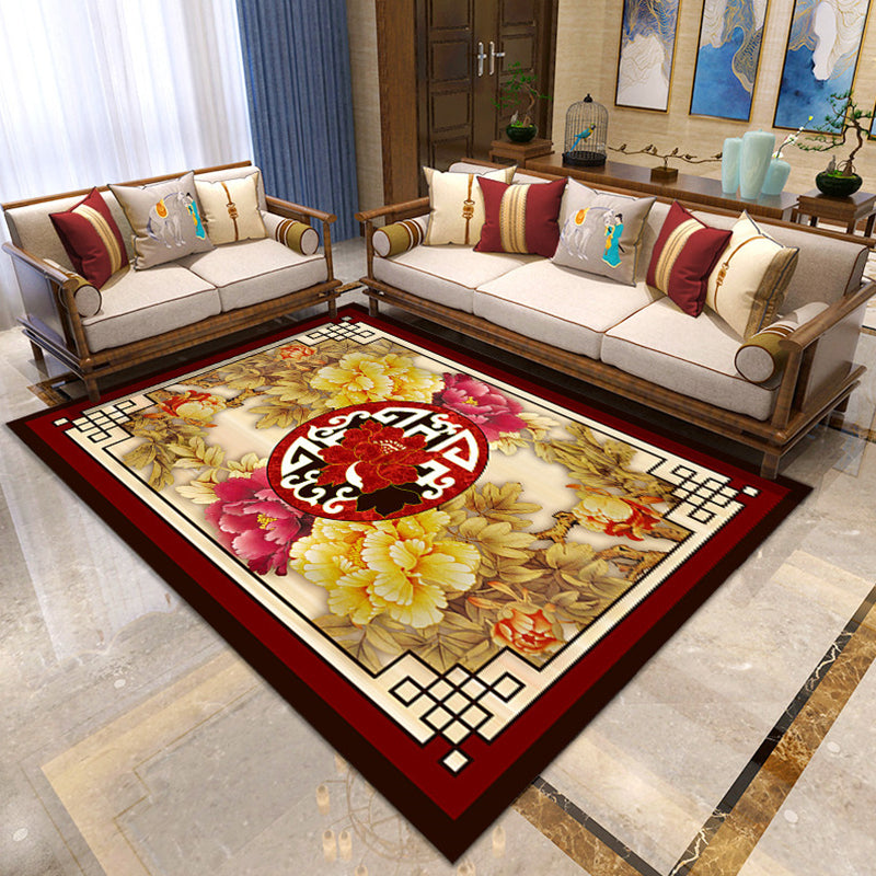 Asian Living Room Rug Multi Color Floral Printed Indoor Rug Polypropylene Pet Friendly Easy Care Area Carpet Yellow Clearhalo 'Area Rug' 'Rug' 2393055