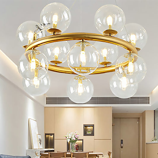 Post Modern Style 12 Bulbs Chandelier Gold Globe Suspension Light with Clear Glass Shade Gold Clearhalo 'Ceiling Lights' 'Chandeliers' 'Glass shade' 'Glass' 'Modern Chandeliers' 'Modern' Lighting' 239311