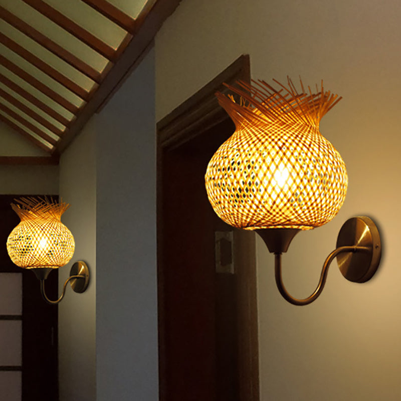 Handcrafted Wall Light Sconce Countryside Rattan 1 Light Beige Wall Mounted Lamp for Bedroom, Down/Up Clearhalo 'Modern wall lights' 'Modern' 'Wall Lamps & Sconces' 'Wall Lights' Lighting' 239352