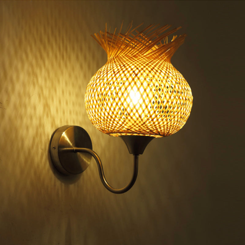 Handcrafted Wall Light Sconce Countryside Rattan 1 Light Beige Wall Mounted Lamp for Bedroom, Down/Up Beige Up Clearhalo 'Modern wall lights' 'Modern' 'Wall Lamps & Sconces' 'Wall Lights' Lighting' 239355