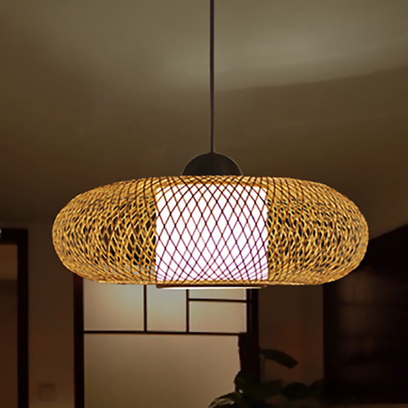 Black/Wood Cross Woven Hanging Pendant Light with Drum Shade Contemporary 1 Head Bamboo Hanging Lamp Clearhalo 'Ceiling Lights' 'Pendant Lights' 'Pendants' Lighting' 239357