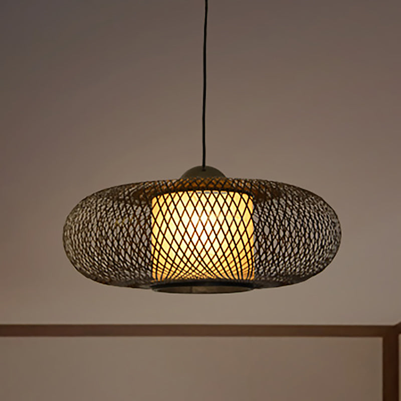 Black/Wood Cross Woven Hanging Pendant Light with Drum Shade Contemporary 1 Head Bamboo Hanging Lamp Black Clearhalo 'Ceiling Lights' 'Pendant Lights' 'Pendants' Lighting' 239358_3ebc73a7-4413-46ea-b5f7-f8a901109664