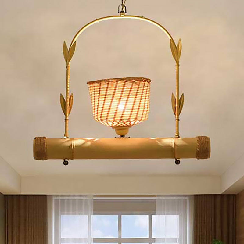 Rattan Basket Shade Chandelier Light Country Style 1/2-Light Beige Ceiling Lamp with Bird Cage Design Clearhalo 'Ceiling Lights' 'Chandeliers' Lighting' options 239360
