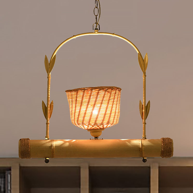 Rattan Basket Shade Chandelier Light Country Style 1/2-Light Beige Ceiling Lamp with Bird Cage Design Clearhalo 'Ceiling Lights' 'Chandeliers' Lighting' options 239361