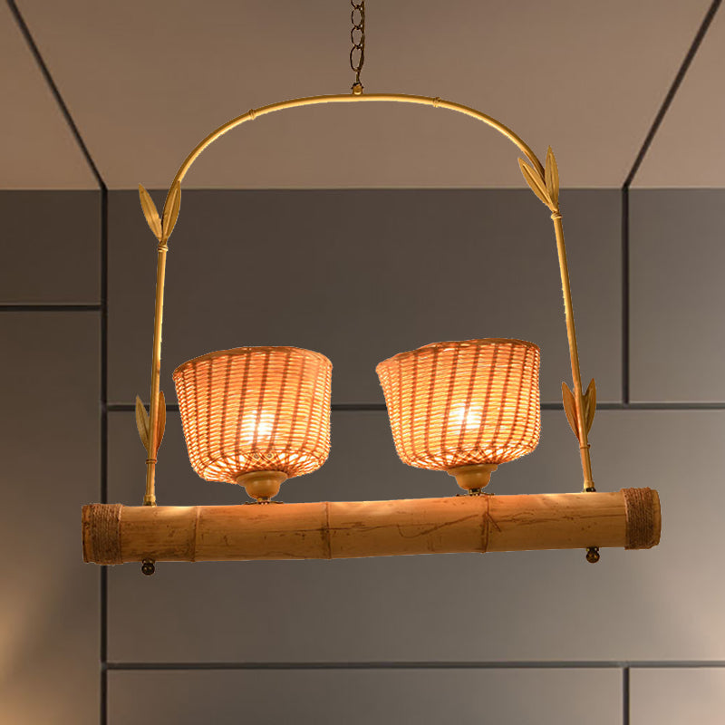 Rattan Basket Shade Chandelier Light Country Style 1/2-Light Beige Ceiling Lamp with Bird Cage Design Clearhalo 'Ceiling Lights' 'Chandeliers' Lighting' options 239363