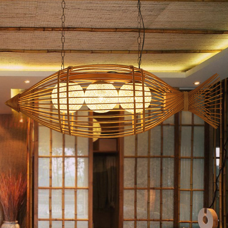 Bamboo Fish Shaped Chandelier Lighting Asian Style 39"/57" W 3 Bulbs Beige Hanging Light with Inner Rattan Ball Shade Clearhalo 'Ceiling Lights' 'Chandeliers' Lighting' options 239369