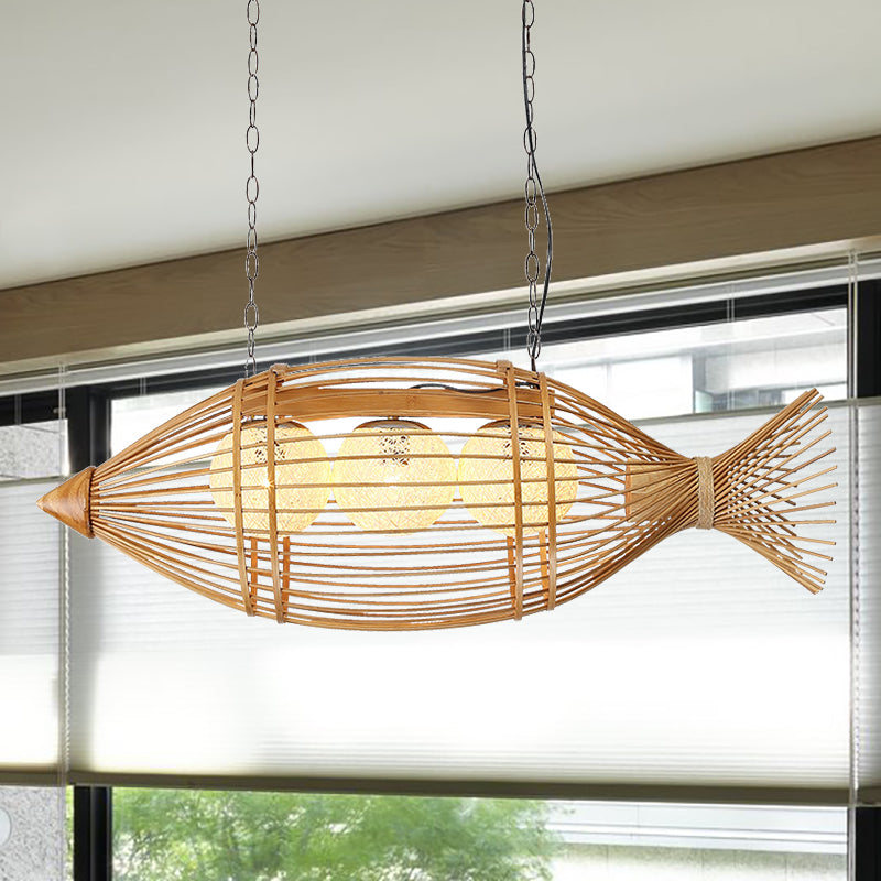Bamboo Fish Shaped Chandelier Lighting Asian Style 39/57 W 3 Bulbs Beige  Hanging Light with Inner Rattan Ball Shade - Clearhalo