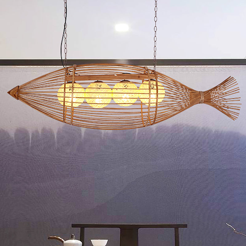 Bamboo Fish Shaped Chandelier Lighting Asian Style 39"/57" W 3 Bulbs Beige Hanging Light with Inner Rattan Ball Shade Clearhalo 'Ceiling Lights' 'Chandeliers' Lighting' options 239371