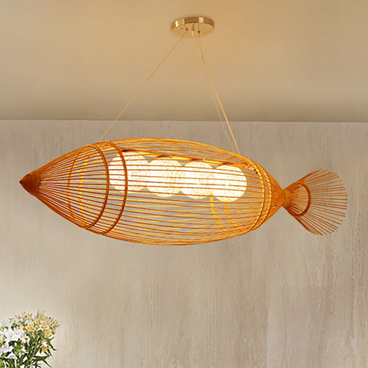 Bamboo Fish Shaped Chandelier Lighting Asian Style 39"/57" W 3 Bulbs Beige Hanging Light with Inner Rattan Ball Shade Clearhalo 'Ceiling Lights' 'Chandeliers' Lighting' options 239372