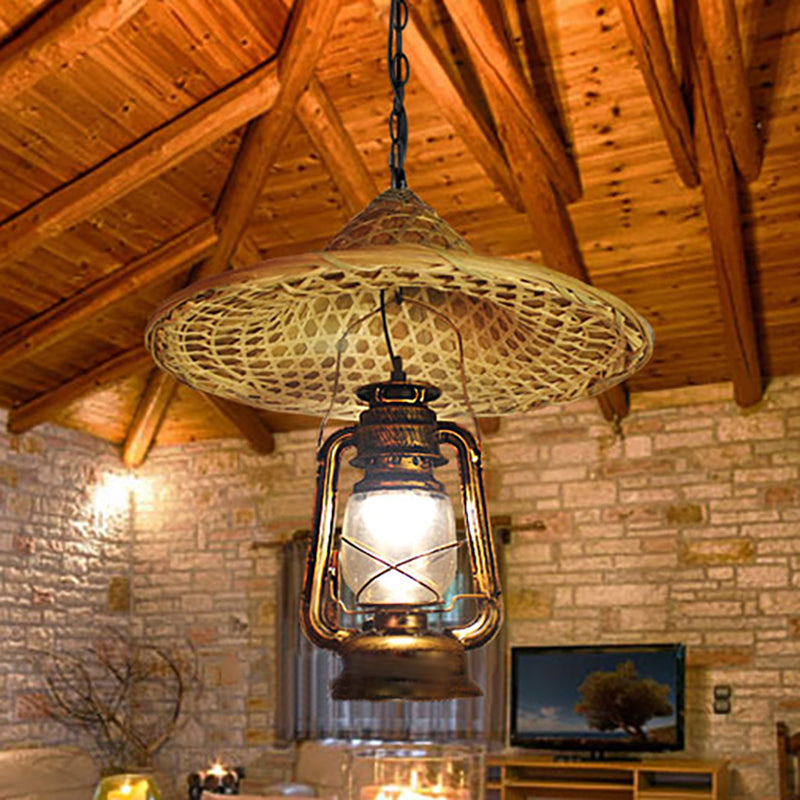 Metal Lantern Shade Hanging Light Country Style 12"/23.5" W 1 Bulb Beige Pendant Lighting with Rattan Hat Design Beige Clearhalo 'Ceiling Lights' 'Modern Pendants' 'Modern' 'Pendant Lights' 'Pendants' Lighting' 239392