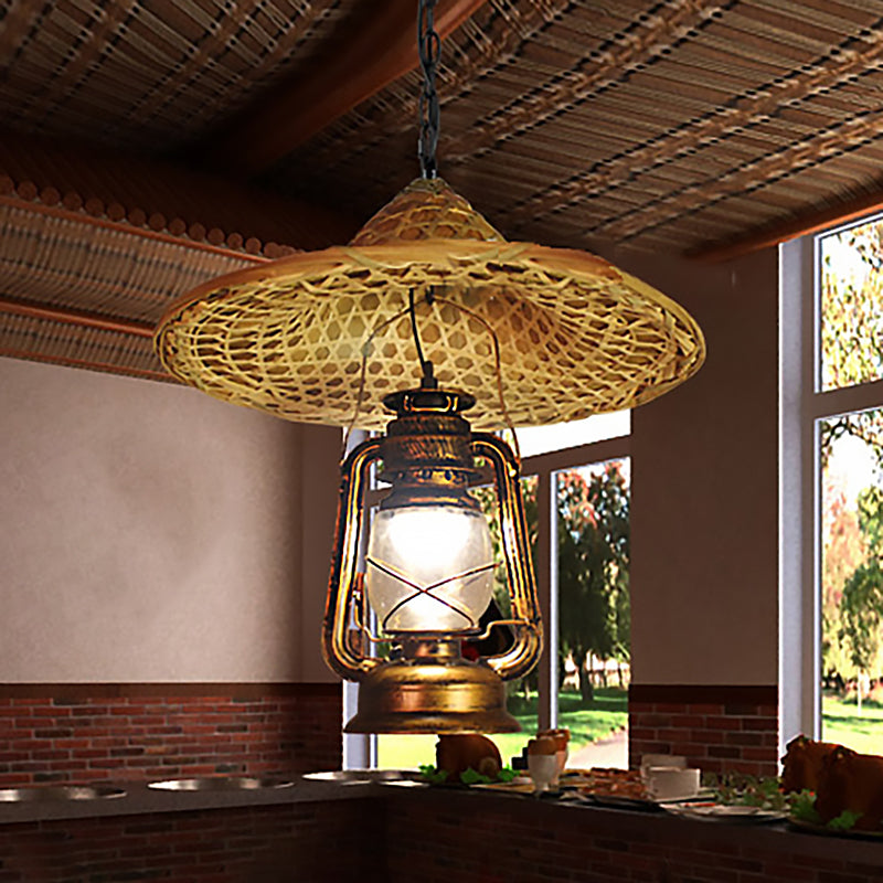 Metal Lantern Shade Hanging Light Country Style 12"/23.5" W 1 Bulb Beige Pendant Lighting with Rattan Hat Design Clearhalo 'Ceiling Lights' 'Modern Pendants' 'Modern' 'Pendant Lights' 'Pendants' Lighting' 239393