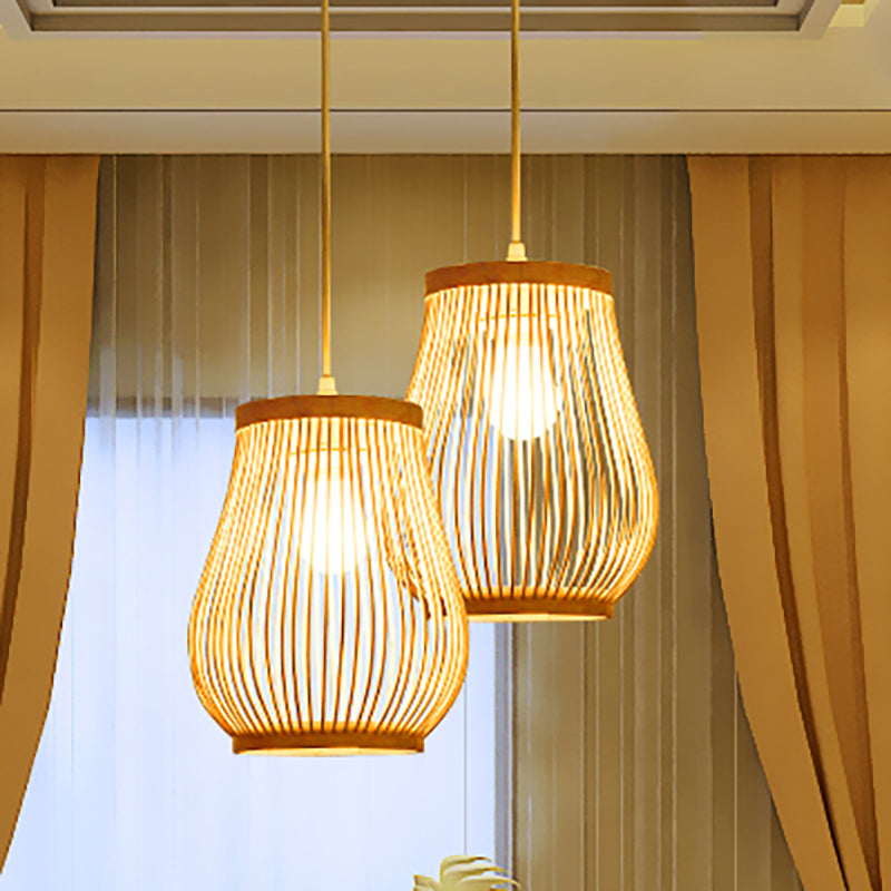 Bamboo Woven Shade Pendant Ceiling Light Asian Style 1 Bulb Beige Hanging Lamp, 7"/8" Wide Beige Clearhalo 'Ceiling Lights' 'Pendant Lights' 'Pendants' Lighting' 239401_fdbc8c12-1f9f-4e34-8246-4d53908528a5