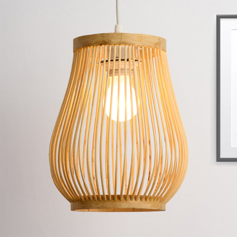 Bamboo Woven Shade Pendant Ceiling Light Asian Style 1 Bulb Beige Hanging Lamp, 7"/8" Wide Clearhalo 'Ceiling Lights' 'Pendant Lights' 'Pendants' Lighting' 239403