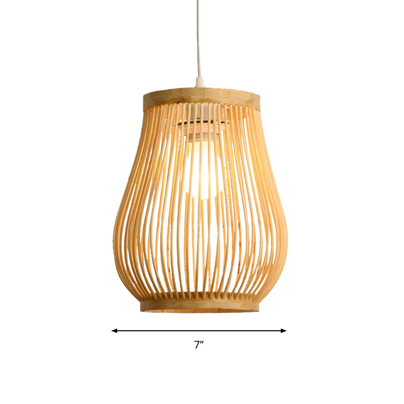 Bamboo Woven Shade Pendant Ceiling Light Asian Style 1 Bulb Beige Hanging Lamp, 7"/8" Wide Clearhalo 'Ceiling Lights' 'Pendant Lights' 'Pendants' Lighting' 239405