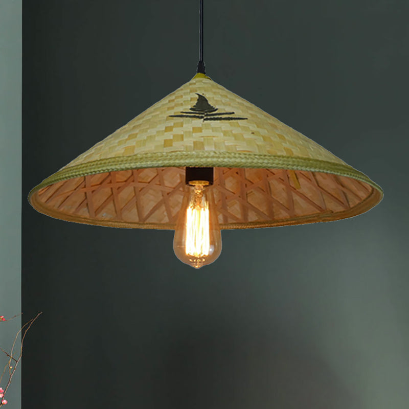 Hand Knitted Bamboo Hat Hanging Light Farmhouse 1 Light Pendant for Restaurant Beige 19.5" Clearhalo 'Ceiling Lights' 'Pendant Lights' 'Pendants' Lighting' 239414_8d3ea30b-b581-4432-96ff-00595af7d8bb