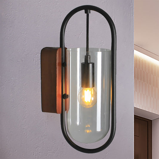 Black Cylinder Sconce Lighting Industrial 1 Light Clear/Amber Glass Wall Mount Light Fixture Clear Clearhalo 'Cast Iron' 'Glass' 'Industrial' 'Modern wall lights' 'Modern' 'Tiffany' 'Traditional wall lights' 'Wall Lamps & Sconces' 'Wall Lights' Lighting' 239517
