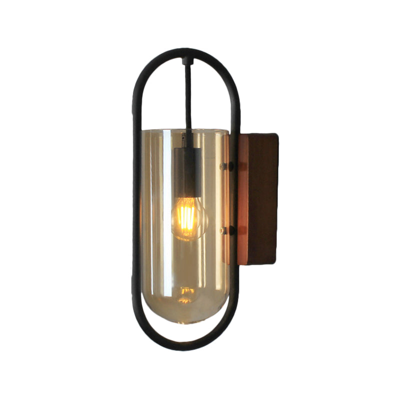 Black Cylinder Sconce Lighting Industrial 1 Light Clear/Amber Glass Wall Mount Light Fixture Clearhalo 'Cast Iron' 'Glass' 'Industrial' 'Modern wall lights' 'Modern' 'Tiffany' 'Traditional wall lights' 'Wall Lamps & Sconces' 'Wall Lights' Lighting' 239520