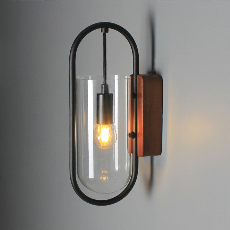 Black Cylinder Sconce Lighting Industrial 1 Light Clear/Amber Glass Wall Mount Light Fixture Clearhalo 'Cast Iron' 'Glass' 'Industrial' 'Modern wall lights' 'Modern' 'Tiffany' 'Traditional wall lights' 'Wall Lamps & Sconces' 'Wall Lights' Lighting' 239521