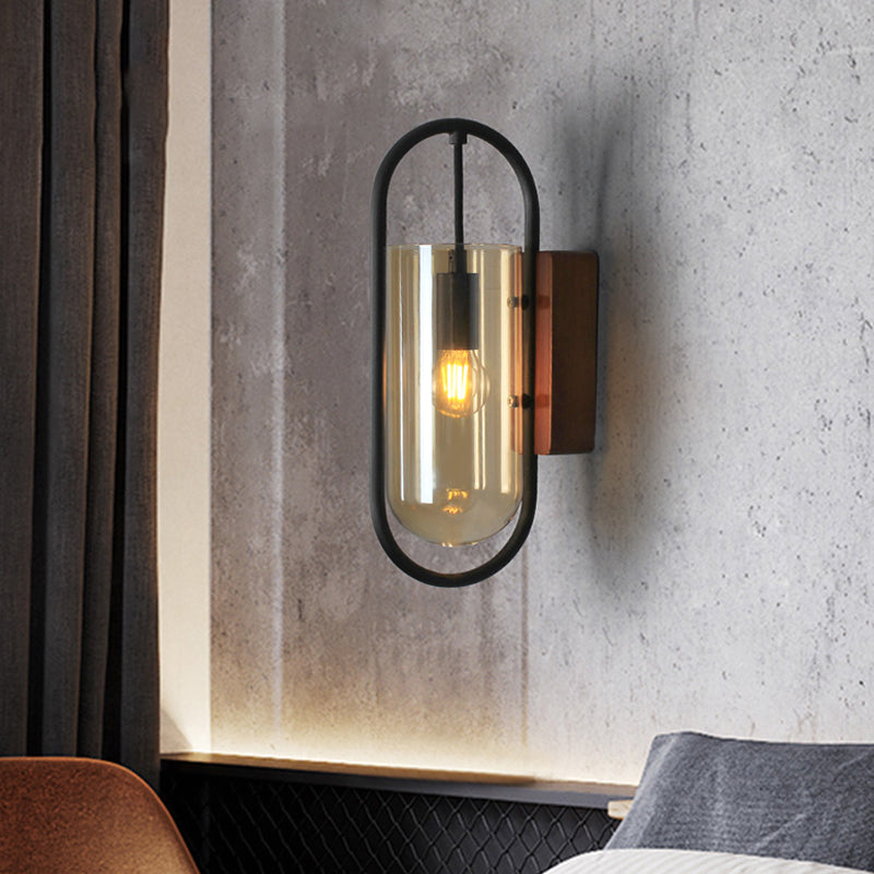 Black Cylinder Sconce Lighting Industrial 1 Light Clear/Amber Glass Wall Mount Light Fixture Clearhalo 'Cast Iron' 'Glass' 'Industrial' 'Modern wall lights' 'Modern' 'Tiffany' 'Traditional wall lights' 'Wall Lamps & Sconces' 'Wall Lights' Lighting' 239523