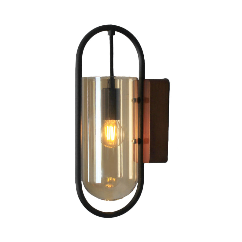 Black Cylinder Sconce Lighting Industrial 1 Light Clear/Amber Glass Wall Mount Light Fixture Clearhalo 'Cast Iron' 'Glass' 'Industrial' 'Modern wall lights' 'Modern' 'Tiffany' 'Traditional wall lights' 'Wall Lamps & Sconces' 'Wall Lights' Lighting' 239524