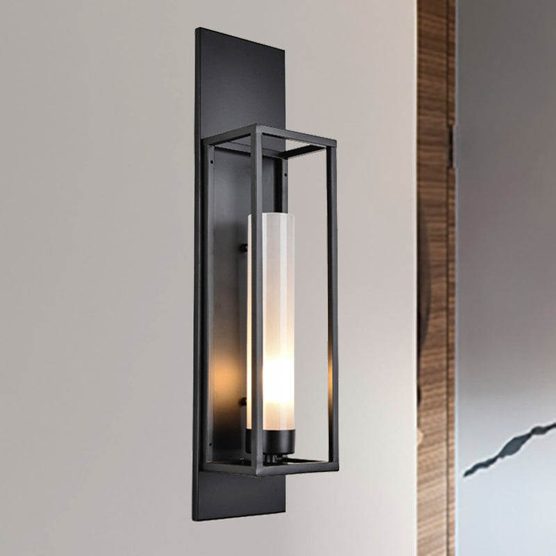 Black Rectangular Wall Lamp Modernism Style 1 Bulb Metal Sconce Lighting with Cylindrical Glass Shade Clearhalo 'Cast Iron' 'Glass' 'Industrial' 'Modern wall lights' 'Modern' 'Tiffany' 'Traditional wall lights' 'Wall Lamps & Sconces' 'Wall Lights' Lighting' 239532