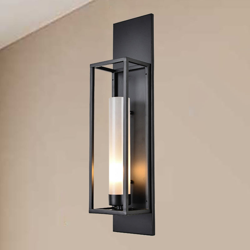 Black Rectangular Wall Lamp Modernism Style 1 Bulb Metal Sconce Lighting with Cylindrical Glass Shade Clearhalo 'Cast Iron' 'Glass' 'Industrial' 'Modern wall lights' 'Modern' 'Tiffany' 'Traditional wall lights' 'Wall Lamps & Sconces' 'Wall Lights' Lighting' 239533
