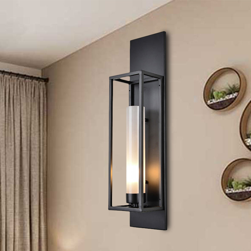 Black Rectangular Wall Lamp Modernism Style 1 Bulb Metal Sconce Lighting with Cylindrical Glass Shade Black Clearhalo 'Cast Iron' 'Glass' 'Industrial' 'Modern wall lights' 'Modern' 'Tiffany' 'Traditional wall lights' 'Wall Lamps & Sconces' 'Wall Lights' Lighting' 239534