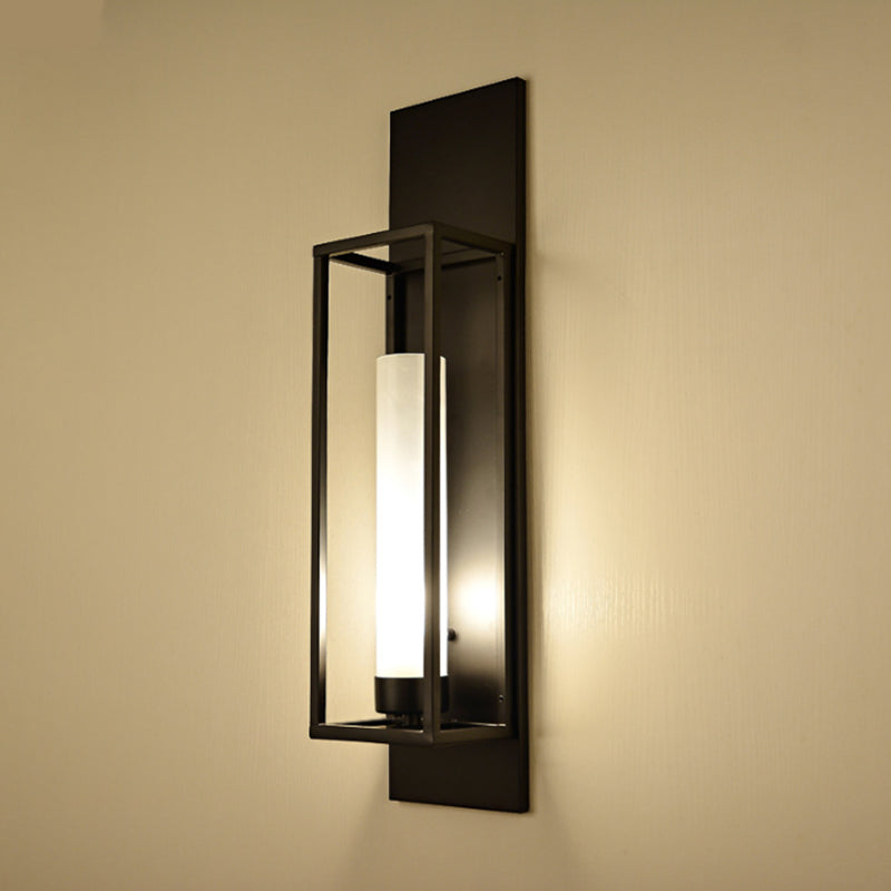 Black Rectangular Wall Lamp Modernism Style 1 Bulb Metal Sconce Lighting with Cylindrical Glass Shade Clearhalo 'Cast Iron' 'Glass' 'Industrial' 'Modern wall lights' 'Modern' 'Tiffany' 'Traditional wall lights' 'Wall Lamps & Sconces' 'Wall Lights' Lighting' 239535