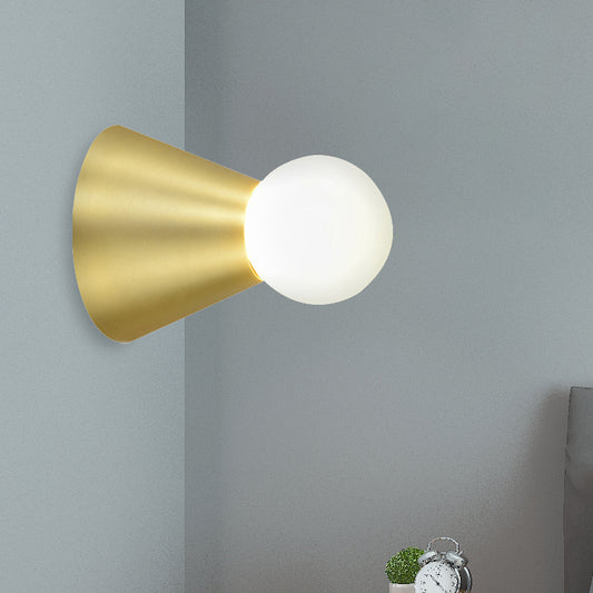Metal Conical Sconce Wall Light Modern Stylish 1 Bulb Golden Wall Lamp with Frosted Glass Globe Shade Gold Clearhalo 'Cast Iron' 'Glass' 'Industrial' 'Modern wall lights' 'Modern' 'Tiffany' 'Traditional wall lights' 'Wall Lamps & Sconces' 'Wall Lights' Lighting' 239655