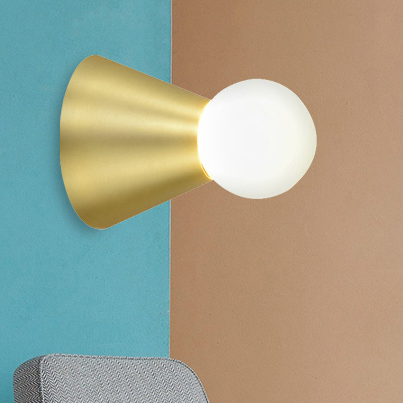 Metal Conical Sconce Wall Light Modern Stylish 1 Bulb Golden Wall Lamp with Frosted Glass Globe Shade Clearhalo 'Cast Iron' 'Glass' 'Industrial' 'Modern wall lights' 'Modern' 'Tiffany' 'Traditional wall lights' 'Wall Lamps & Sconces' 'Wall Lights' Lighting' 239656