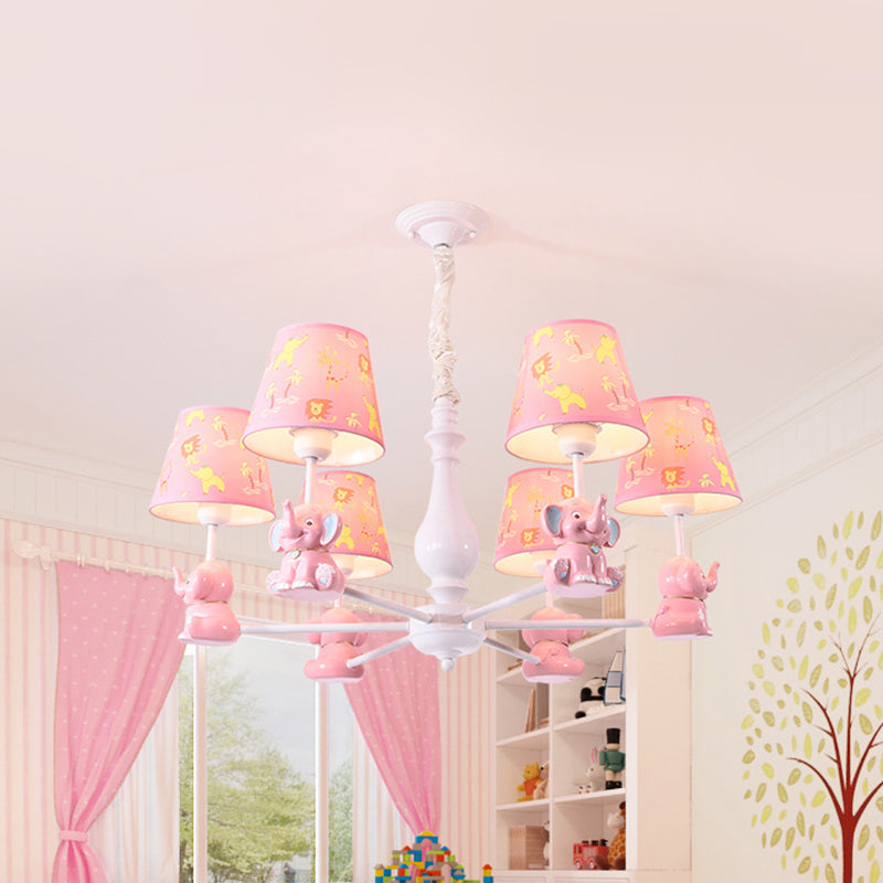 Tapered Shade Chandelier with Sitting Elephant Animal Metal Pendant Light in Pink for Game Room 6 Pink Clearhalo 'Ceiling Lights' 'Chandeliers' Lighting' options 239702_ca46b411-88b5-4791-8a2a-d93a9e401fe0