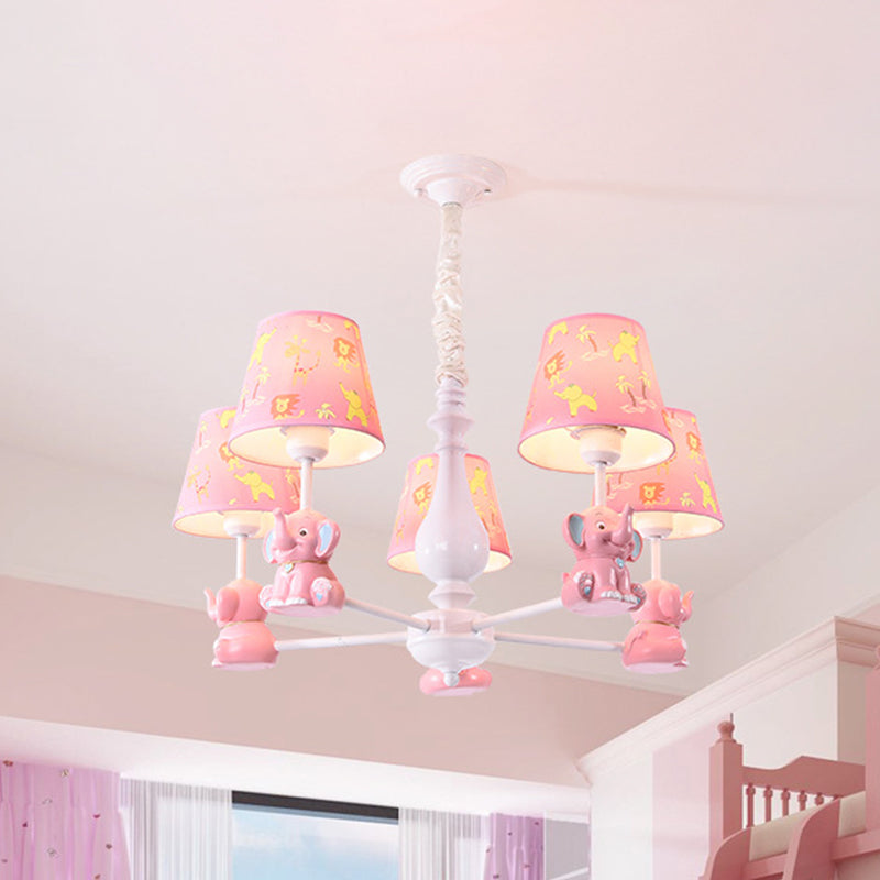 Tapered Shade Chandelier with Sitting Elephant Animal Metal Pendant Light in Pink for Game Room 5 Pink Clearhalo 'Ceiling Lights' 'Chandeliers' Lighting' options 239710_2c107e50-cbee-4dbc-93be-245bc5c63db5