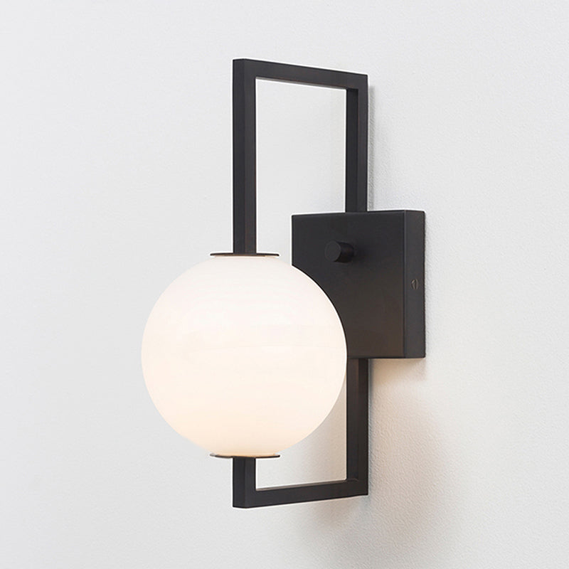 Black Rectangular Frame Wall Sconce Modern Style 1 Bulb Metal Wall Lighting with White Glass Orb Shade Clearhalo 'Cast Iron' 'Glass' 'Industrial' 'Modern wall lights' 'Modern' 'Tiffany' 'Traditional wall lights' 'Wall Lamps & Sconces' 'Wall Lights' Lighting' 239715
