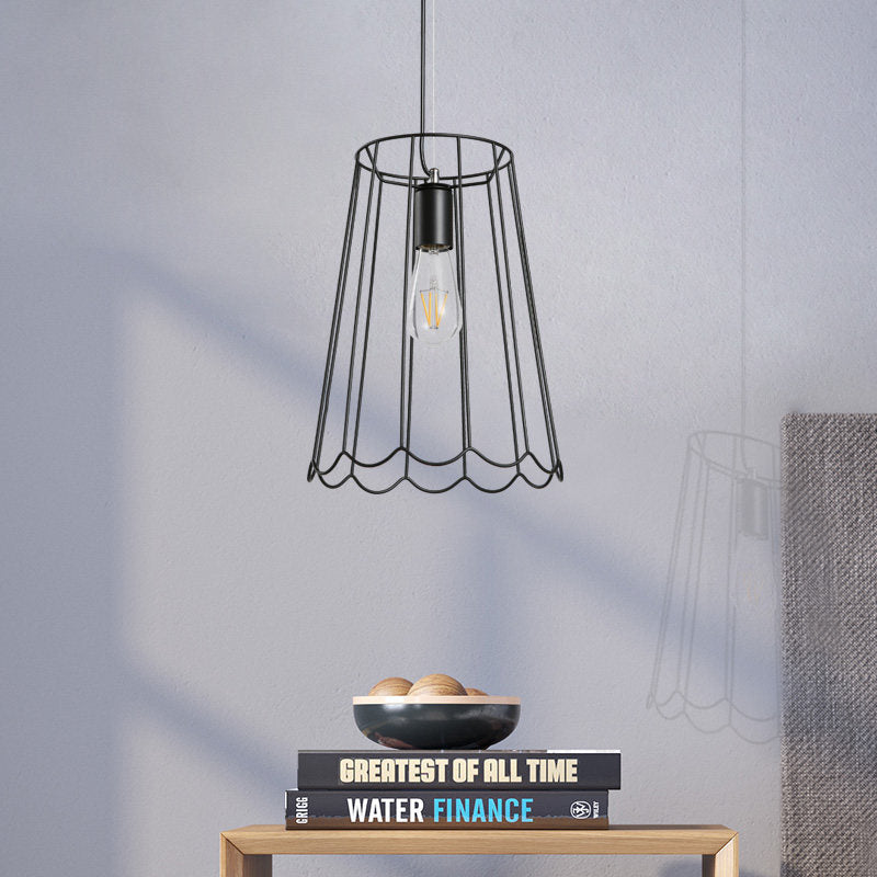 1 Light Conical Cage Suspension Light with Ruffled Edge Industrial Black Metallic Pendant Lighting, 10.5"/12.5" Width Black 10.5" Clearhalo 'Art Deco Pendants' 'Black' 'Cast Iron' 'Ceiling Lights' 'Ceramic' 'Crystal' 'Industrial Pendants' 'Industrial' 'Metal' 'Middle Century Pendants' 'Pendant Lights' 'Pendants' 'Rustic Pendants' 'Tiffany' Lighting' 23973