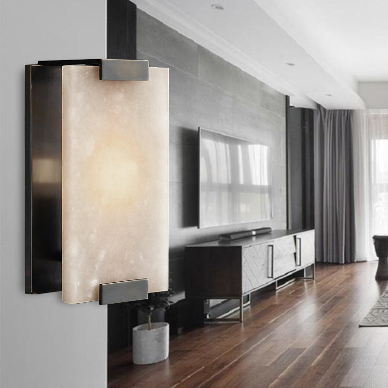 10.5"/18.5" Wide Rectangular Sconce Light Traditionary Metal 1 Head Black/Brass Wall Lamp Fixture with White Marble Clearhalo 'Wall Lamps & Sconces' 'Wall Lights' Lighting' 239788