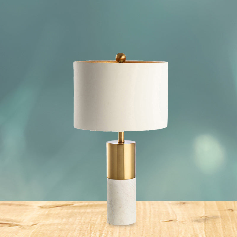 Metal Drum Shade Table Lamp with Marble Base Modern Style 1 Light White Table Lighting for Bedroom Clearhalo 'Lamps' 'Table Lamps' Lighting' 239803