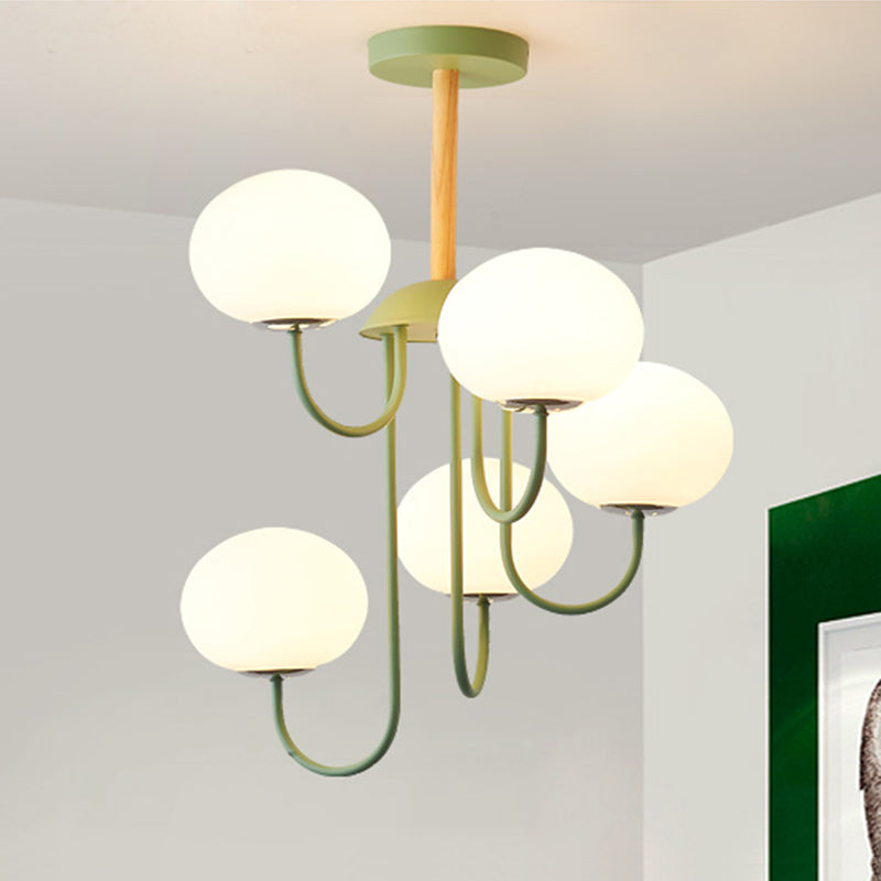 3/5 Lights Living Room Hanging Lamp with Pearl Glass Shade Nordic Gray/Green Semi Mount Lighting, Up/Down Clearhalo 'Ceiling Lights' 'Chandeliers' 'Glass shade' 'Glass' 'Modern Chandeliers' 'Modern' Lighting' 239872