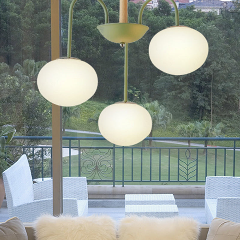 3/5 Lights Living Room Hanging Lamp with Pearl Glass Shade Nordic Gray/Green Semi Mount Lighting, Up/Down 3 Green Down Clearhalo 'Ceiling Lights' 'Chandeliers' 'Glass shade' 'Glass' 'Modern Chandeliers' 'Modern' Lighting' 239877