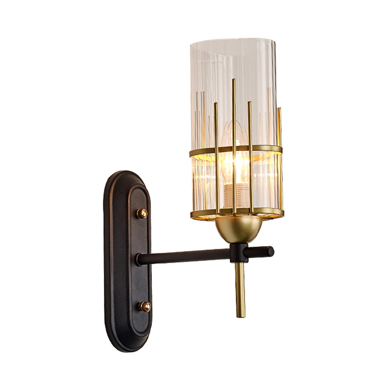 Black Armed Sconce Traditionary Metal 1 Head Wall Mounted Lighting with Clear Glass Cylinder Shade for Bedside Clearhalo 'Wall Lamps & Sconces' 'Wall Lights' Lighting' 239943