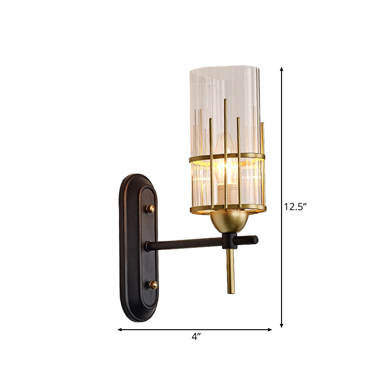 Black Armed Sconce Traditionary Metal 1 Head Wall Mounted Lighting with Clear Glass Cylinder Shade for Bedside Clearhalo 'Wall Lamps & Sconces' 'Wall Lights' Lighting' 239944