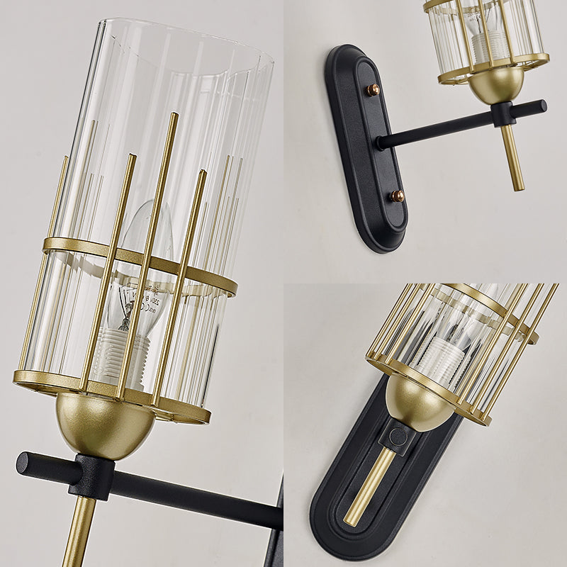 Black Armed Sconce Traditionary Metal 1 Head Wall Mounted Lighting with Clear Glass Cylinder Shade for Bedside Clearhalo 'Wall Lamps & Sconces' 'Wall Lights' Lighting' 239945