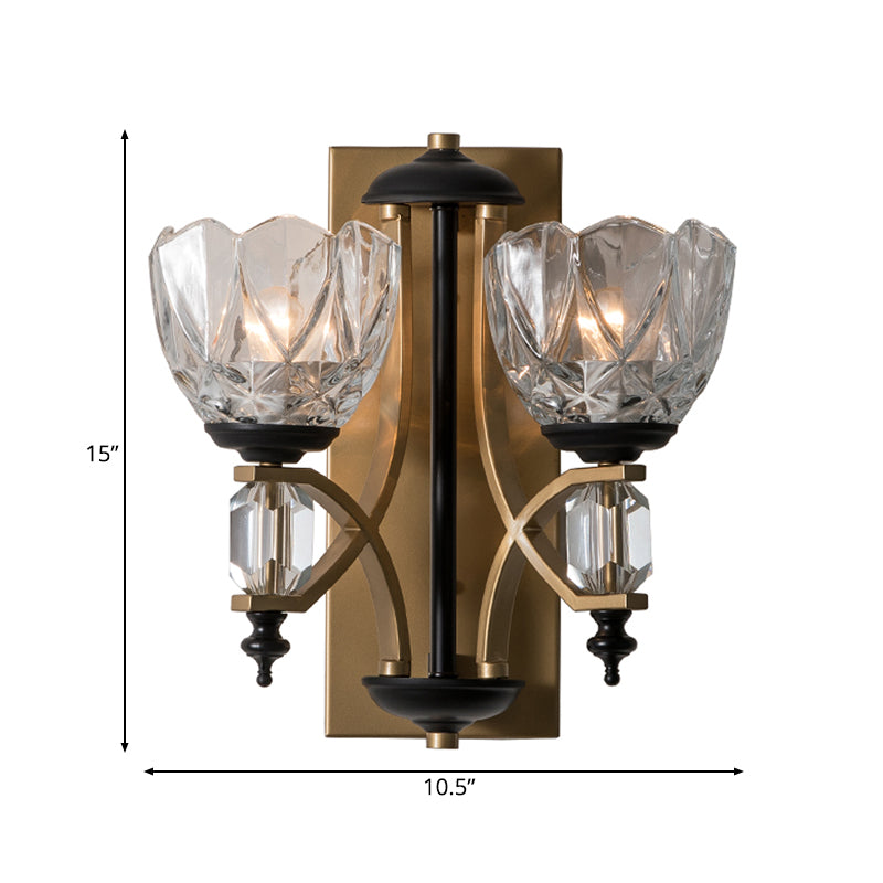 Curved Arm Metal Sconce Light Traditional 2 Heads Brass Wall Lighting Fixture with Dome Prismatic Glass Shade Clearhalo 'Wall Lamps & Sconces' 'Wall Lights' Lighting' 239966