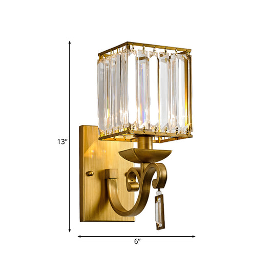 Traditional Armed Sconce Metal 1 Bulb Wall Mounted Light Fixture in Gold with Square Ribbed Glass Shade Clearhalo 'Wall Lamps & Sconces' 'Wall Lights' Lighting' 240009