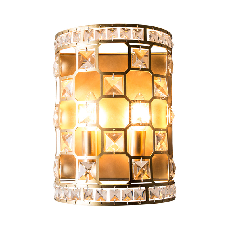 Cylindrical Crystal Wall Light Vintage 2 Heads Gold Flush Mount Wall Sconce for Bedside Clearhalo 'Wall Lamps & Sconces' 'Wall Lights' Lighting' 240017