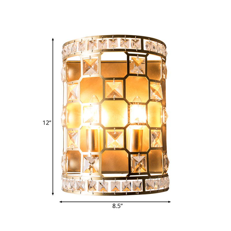 Cylindrical Crystal Wall Light Vintage 2 Heads Gold Flush Mount Wall Sconce for Bedside Clearhalo 'Wall Lamps & Sconces' 'Wall Lights' Lighting' 240018